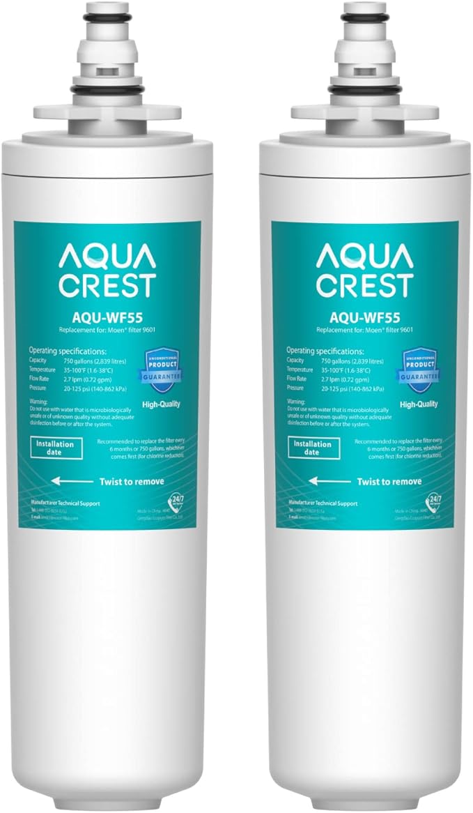 AQUACREST 9601 Water Filter, Model No.AQU-WF55. Replacement for Moen 9601 ChoiceFlo 9600, 9602, 9500, 9501, 9502, Fits F87400, F7400, F87200, 77200, CAF87254, S5500 Series of Moen Faucets (Pack of 2)