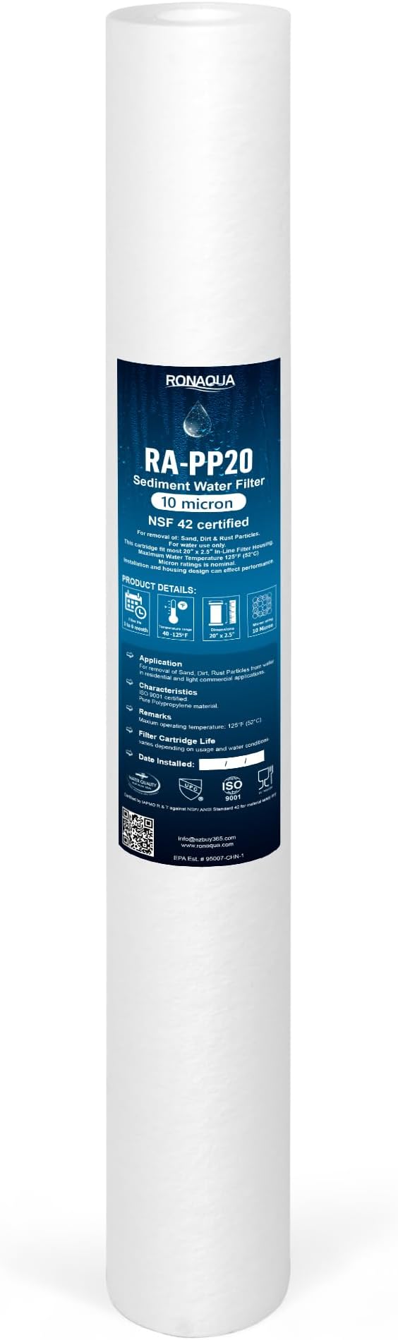 Ronaqua 10 Micron Standard 20" x 2.5" Sediment Water Filter Cartridge, NSF Certified, 4-Layer Filtration for 20” x 2.5” Whole House Systems, Compatible with FPMB5-20, SDC-25-2005/4, VX05-20