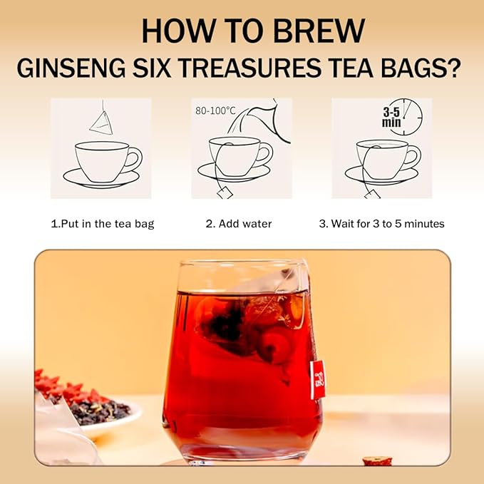 Ginseng Six Treasures Tea Kidney Detox,30Bags/10.58Oz,Traditional Chinese Tea,Natural Kidney Cleanse Herbal Tea for Men Women,6 Precious Ingredients Formula