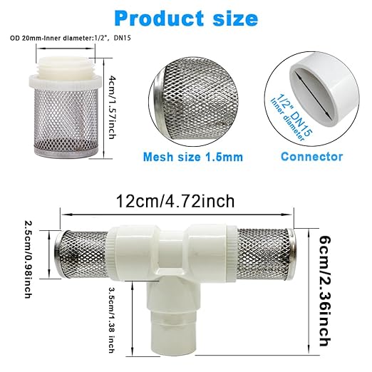 1/2" T Strainers Steel Filter Cover Connected to 1/2" PVC DN15 Water Pipe, Suction Hose T Strainer Used to Remove Debris and Reduce Solid Entry