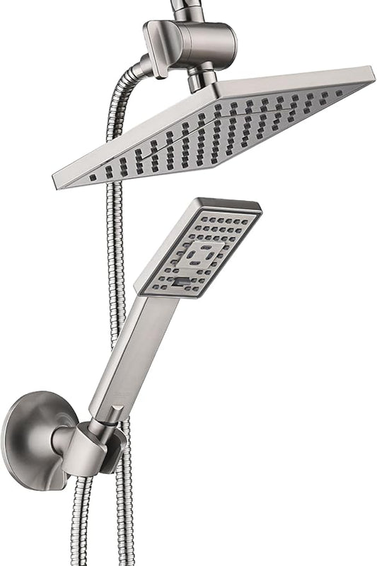 BRIGHT SHOWERS Rain Shower Head with Handheld Spray, 8 Inch Rainfall Shower Head Combo with 60" Hose, Adjustable Dual Square Showerhead Set with 3-Way Diverter, Wall Bracket, Brushed Nickel