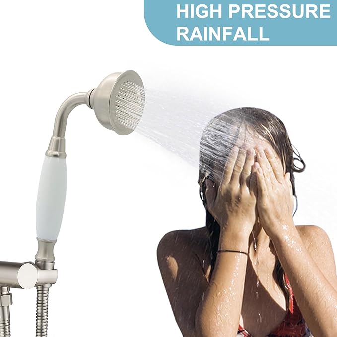 HOMEDEC Vintage Handheld Shower Head with 59inch Flexible Hose High-Pressure Antique Rain Showerhead Combo Replacement No Wand Holder, Round Telephone Shape, Brushed Nickel