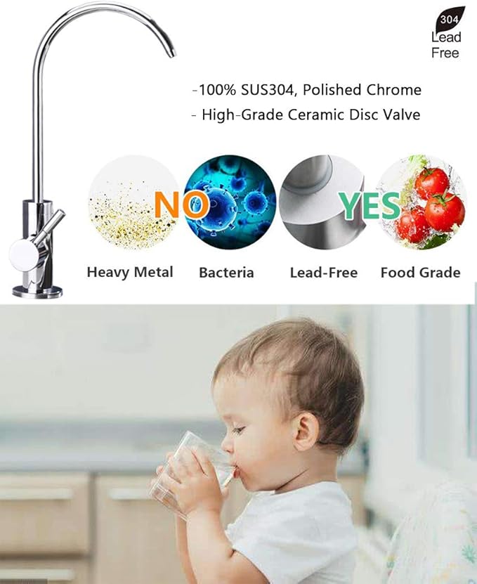 ESOW Kitchen Water Filter Faucet, 100% Lead-Free Drinking Water Faucet Fits Most Reverse Osmosis Units or Water Filtration System in Non-Air Gap, Stainless Steel 304 Body Polished Chrome Finish