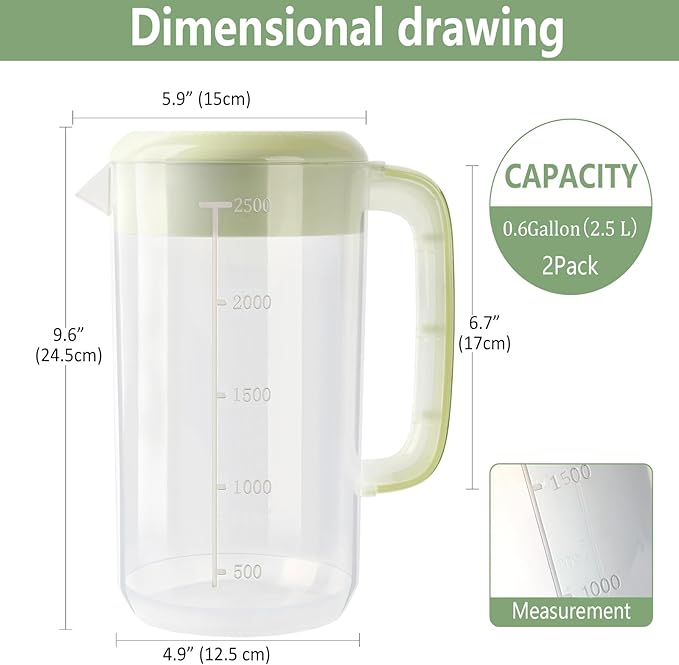 0.6 Gallon 2.5 Litre Clear Plastic Pitcher with Lid, 2 Pack Clear Water Pitchers for Cold Drinks, Iced Tea Jug for Lemonade, Iced Tea, Milk, Juice, Beverages