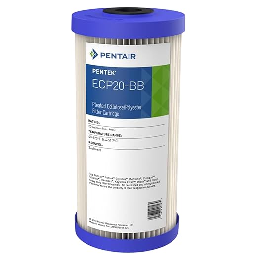 Pentair Pentek ECP20-BB Big Blue Sediment Water Filter, 10-Inch, Whole House Heavy Duty Pleated Cellulose Polyester Replacement Cartridge, 10" x 4.5", Blue End Cap, 20 Micron