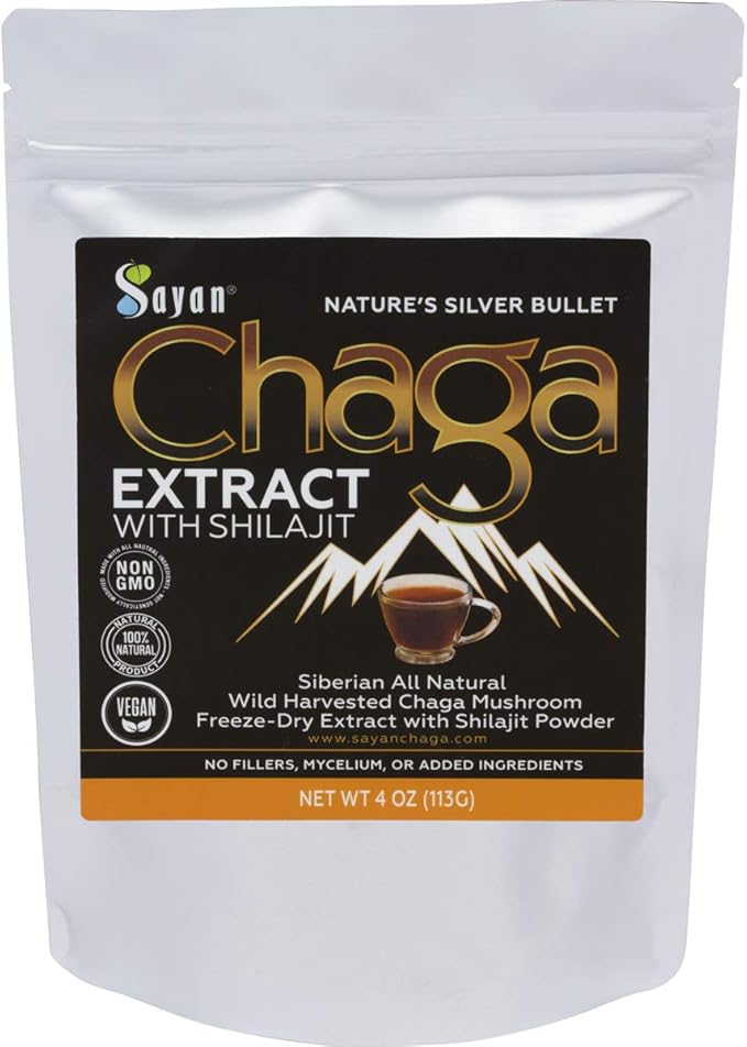 Sayan Siberian Chaga Mushroom Extract with Shilajit Powder (4 oz) – Organic Antioxidant Tea – Immune and Digestion System Support – Fulvic Acid Supplement – Energy & Clarity – No Fillers