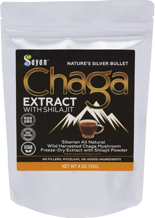 Sayan Siberian Chaga Mushroom Extract with Shilajit Powder (4 oz) – Organic Antioxidant Tea – Immune and Digestion System Support – Fulvic Acid Supplement – Energy & Clarity – No Fillers