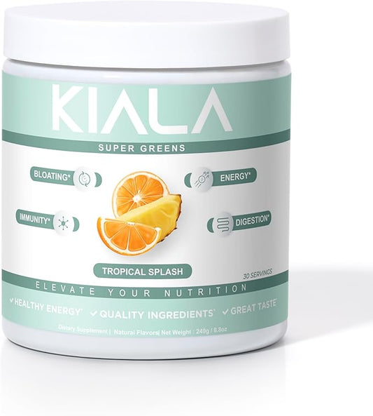 Kiala Nutrition Super Greens, Organic Greens Powder with Spirulina & Chlorella for Digestion, Gut Health, Immunity, Energy, Gluten Free, Vegan, Sugar Free, Spectra Blend, Tropical Splash, 30 Servings