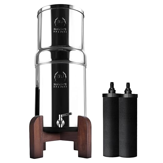 1.5 Gallons AISI 304 Stainless Steel Gravity Water Filter System, NSF Certified 2 Smart Carbon Filter Elements, Free Stainless Steel Water Spigot & Teak Wood Stand | No Plumbing or Electricity Needed