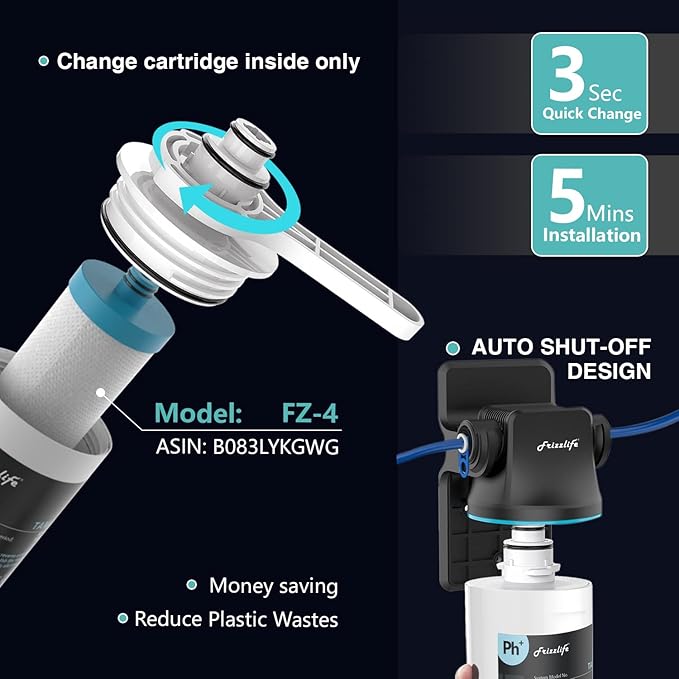 Frizzlife TAM4 Under Sink Inline Water Filter - Alkaline PH+ Remineralization, NSF/ANSI 42 Certified, Adjust Taste & PH, Restore Essential Minerals, 1/4" Pipe Fits for Reverse Osmosis Systems