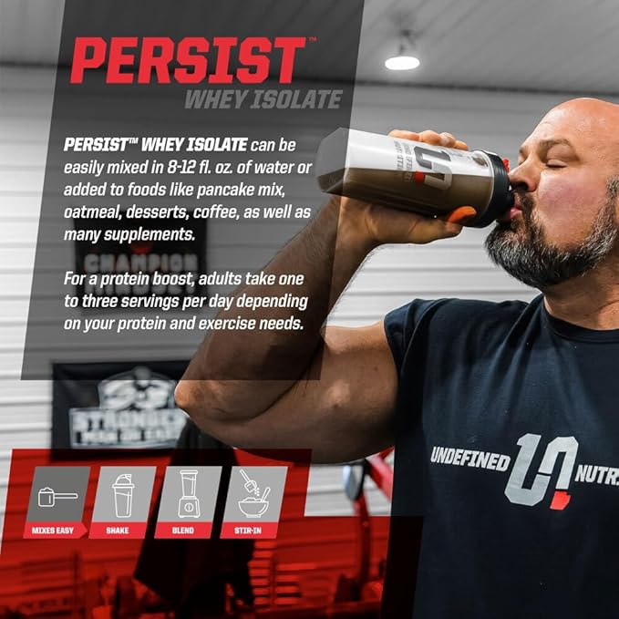 Undefined Nutrition Persist Whey Isolate by Brian Shaw - 24g Protein, 30 Servings – Supports Recovery, Strength & Performance - Gluten Free, Fast Absorbing (2.18lbs, Chocolate Brownie)