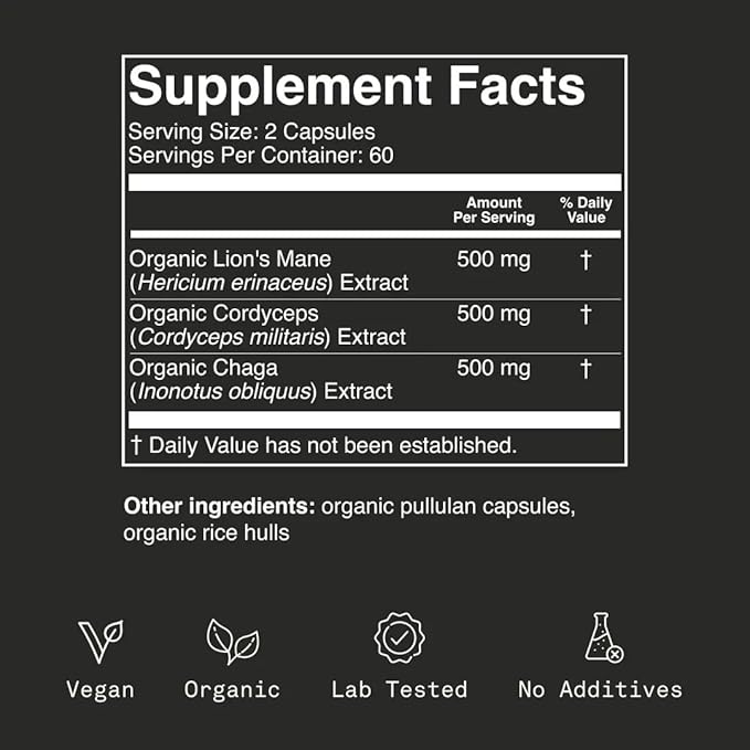 Mushroom Supplement with Lions Mane, Chaga & Cordyceps, Focus, Energy & Brain Support, Adaptogens Capsules, 100% USDA Organic Mushrooms Complex Blend - Vegan, Glass Jar 120 Caps, 2 Month Supply