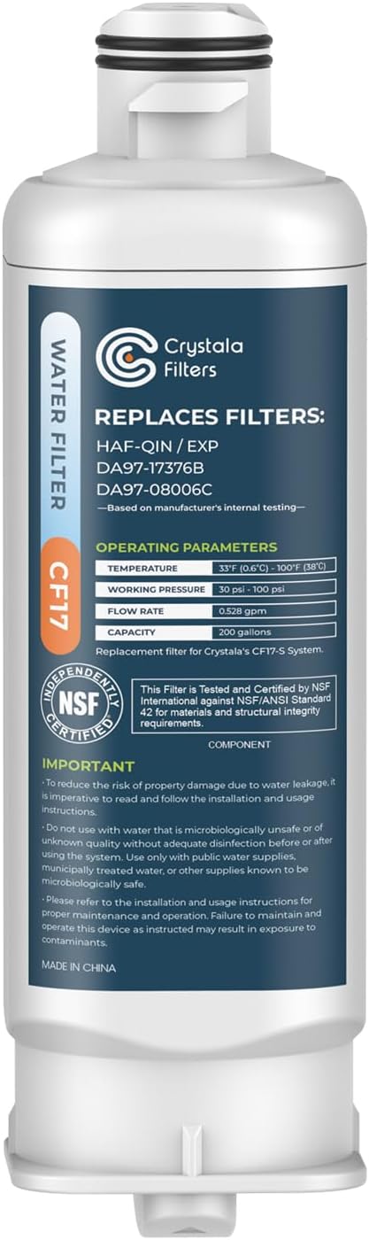 Crystala Filters Replacement for DA97-17376B Refrigerator Water Filter, Compatible with Samsung HAF-QIN, HAF-QIN/EXP, BRF365200AP/AA, DA97-08006C, RF23M8070SG, RF23M8070SR (1 Pack)