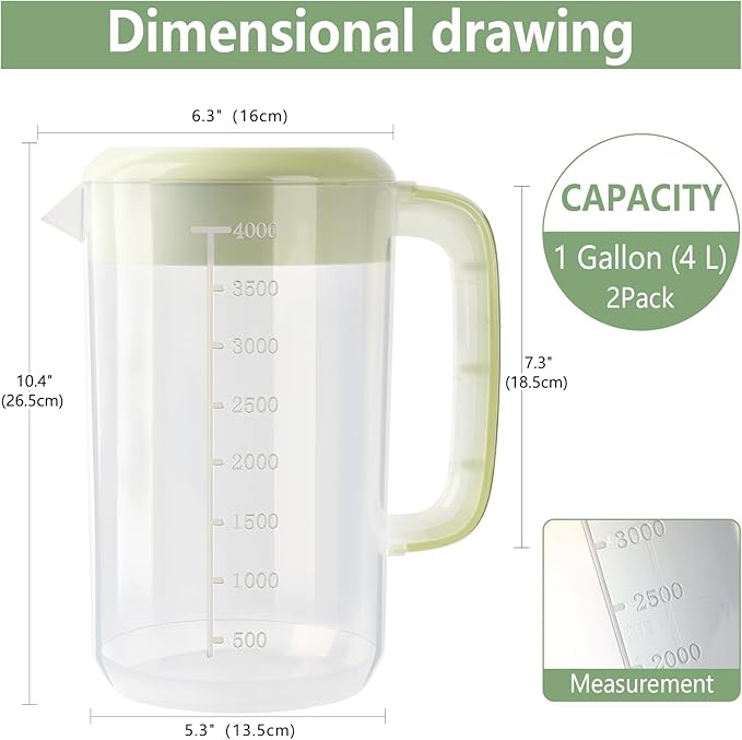 1 Gallon 4 Litre Clear Plastic Pitcher with Lid, 2 Pack Clear Water Pitcher for Cold Drinks, Iced Tea Pitcher for Lemonade, Iced Tea, Milk, Juice, Beverages.