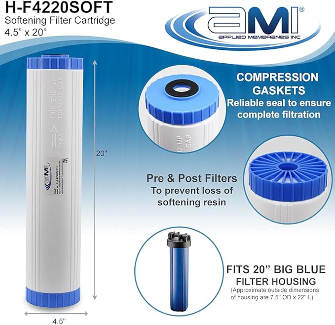 Water Softening Filter Cartridge | 4.5" x 20" to fit 20" Housing | Ion Exchange Filter Softens Water | Great for Washing Machines and Appliances (4.5 x 20)