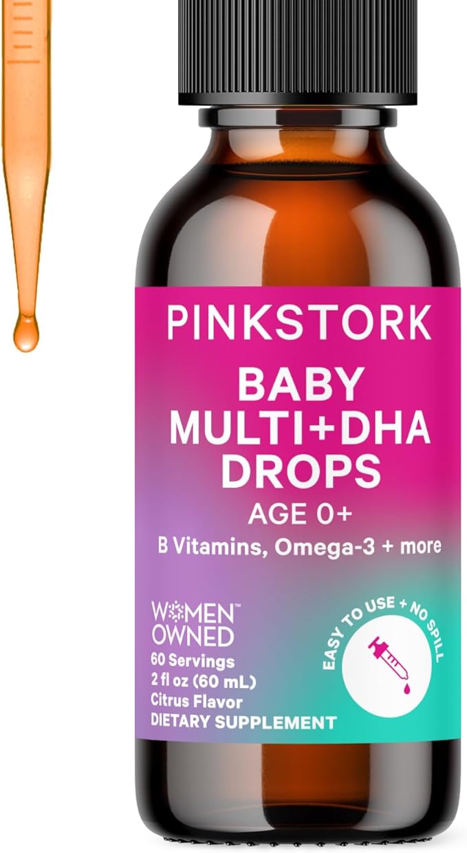 Pink Stork Baby Liquid Multivitamin Drops, Baby & Toddler Vitamin Drops with DHA, Vitamin C, D, B12 and Choline to Support Brain Health and Immune Function - 2 fl oz, 2 Month Supply