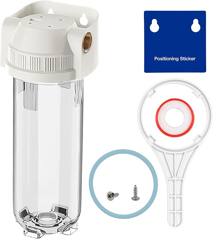 Whole House/RV Water Filter Housing Clear, 10" X 2.5" Inline Sediment Water Filter for RV, Home, Garden, Aquarium, Maple Syrup RO System, 3/4" G Brass Port, R-Type O-Ring, Bracketless - 1025CWH