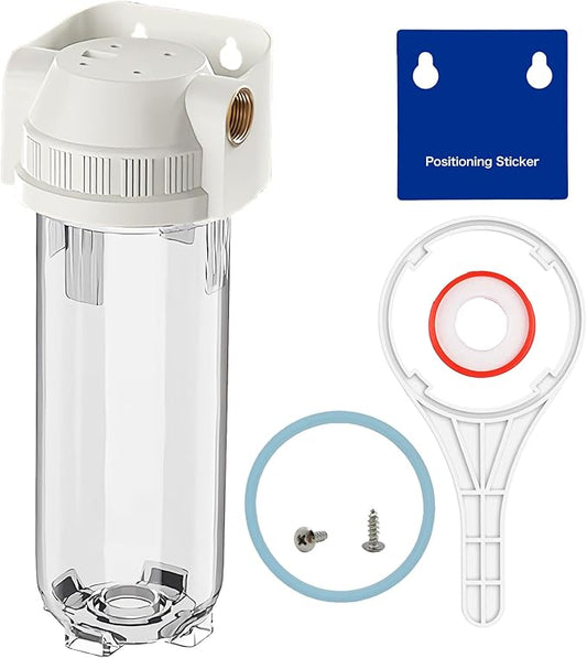 Whole House/RV Water Filter Housing Clear, 10" X 2.5" Inline Sediment Water Filter for RV, Home, Garden, Aquarium, Maple Syrup RO System, 3/4" G Brass Port, R-Type O-Ring, Bracketless - 1025CWH