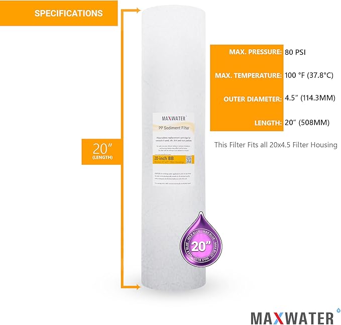 Max Water 20" x 4.5" 10 Micron Sediment Water Filter, Whole House Water Filter Replacement Cartridge, Melt Blown Polypropylene (PP), Fits Any Standard 20 Inch Filter Housing, 2 Pack
