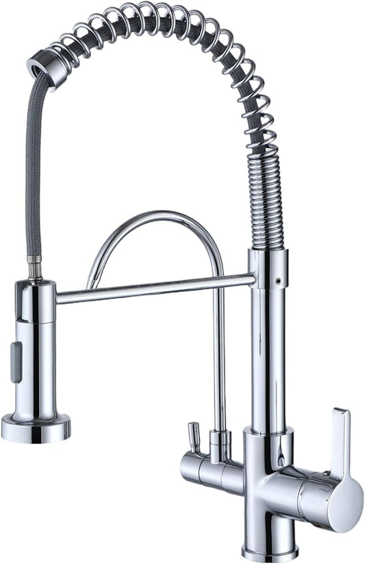 HUAHUALALA 3 in 1 Kitchen Sink Faucet 2 Handle with Spring Sprayer, Kitchen Faucet with Filter, Brass Drinking Water Faucets Reverse Osmosis Chrome
