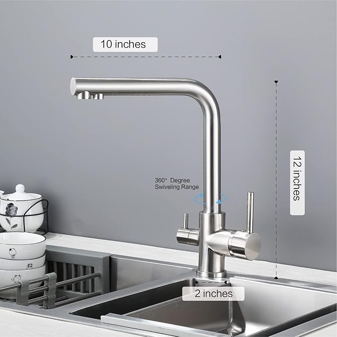 HUAHUALALA Kitchen Sink Faucet with 2 Handle 3 in 1 Water Filter Purifier Swivel Faucets, Brass Drinking Water Faucet Reverse Osmosis Faucet,Brushed Nickel