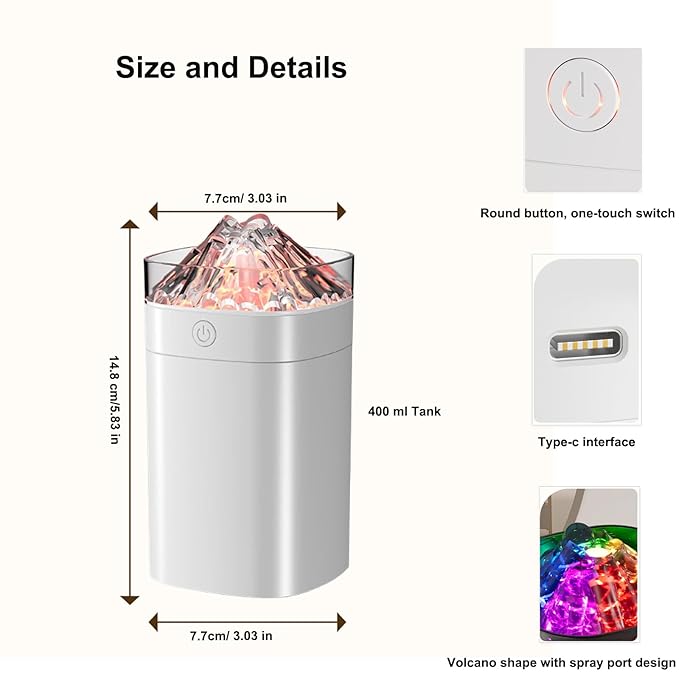 FULLBELL Cool Mist Humidifier, 400ML, 10-20 Hours Runtime, 7 Color Lights, 2 Modes, 24db Quiet (White-400ML)