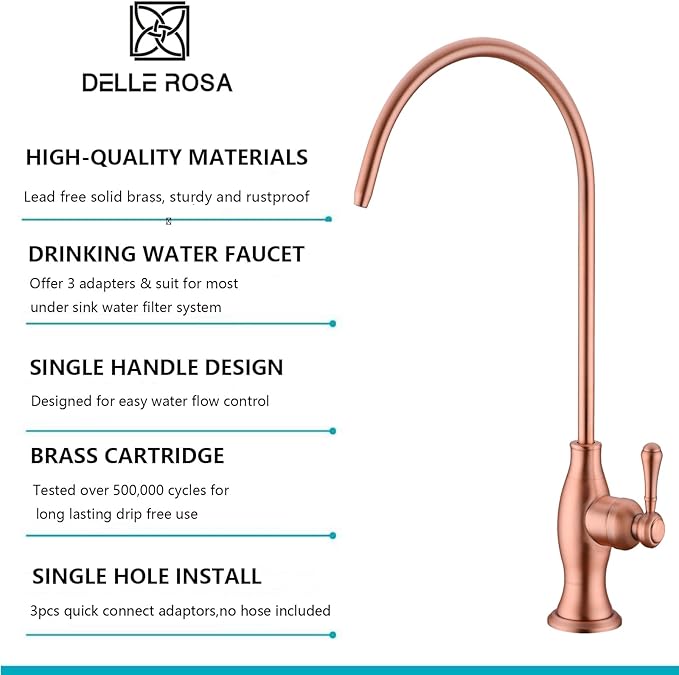 Delle Rosa Drinking Water Faucet in Copper Finish, Retro Solid Brass Kitchen Water Filter Faucet, Commercial Water Filtration Faucet for Under Sink Water Filter System,Copper Finish