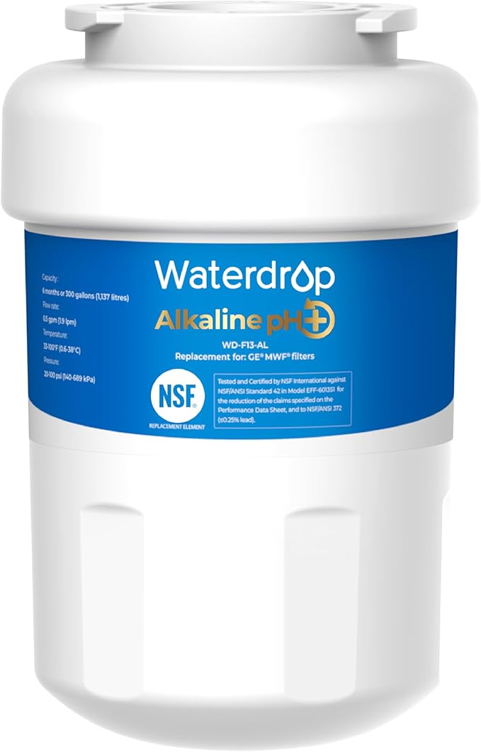 Waterdrop 𝐀𝐥𝐤𝐚𝐥𝐢𝐧𝐞 WD-F13 Replacement for GE® MWF®, SmartWater® MWFP, MWFINT, MWFA, GWF, HDX FMG-1, GSE25GSHECSS, WFC1201, RWF1060, 𝐄𝐧𝐡𝐚𝐧𝐜𝐞𝐬 𝐩𝐇 Refrigerator Water Filter