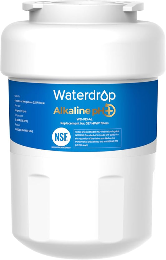 Waterdrop 𝐀𝐥𝐤𝐚𝐥𝐢𝐧𝐞 WD-F13 Replacement for GE® MWF®, SmartWater® MWFP, MWFINT, MWFA, GWF, HDX FMG-1, GSE25GSHECSS, WFC1201, RWF1060, 𝐄𝐧𝐡𝐚𝐧𝐜𝐞𝐬 𝐩𝐇 Refrigerator Water Filter