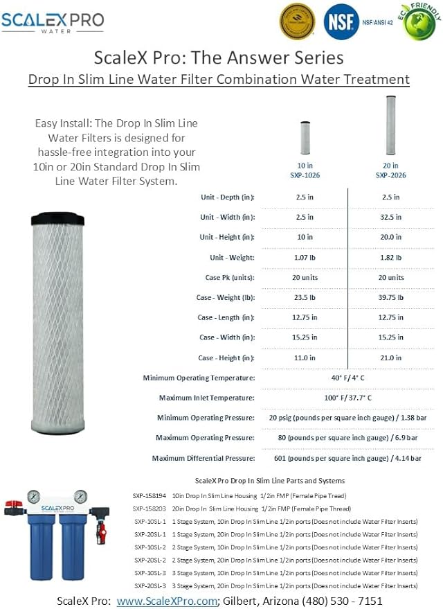 The Answer - 10" Drop In Slim Line Water Filter, High Capacity (up to 6000 gals), Removes Scale, Chlorine, Chloramines, Odors, Fits Traditional10in Drop In Slim Line Systems (SXP-1026)