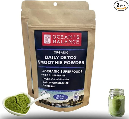Ocean's Balance Daily Cleanse Smoothie Powder – Organic Blend with Blueberry, Spirulina, Dulse Seaweed & Barley Grass – Nutrient-Rich Superfood Smoothie Mix (4 oz - 2 Pack)