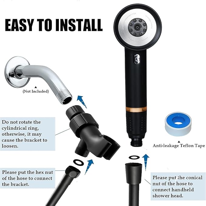 High Pressure Shower Head with Handheld,Shower Head with Filter with Pause Switch Water Saving Filter Showerhead, Filtered Shower with Hose, Bracket and Cotton Filter, Make Bathing Healthier (black)