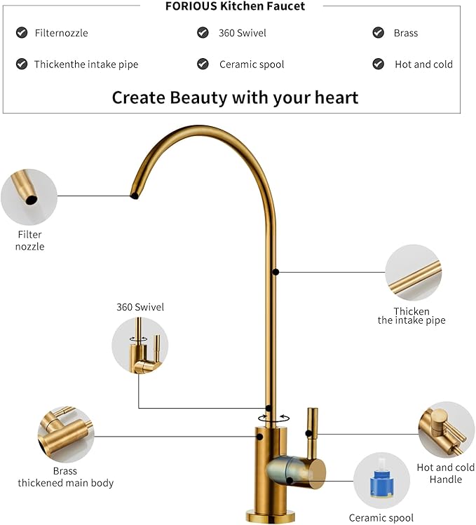 Drinking Water Faucet for Kitchen Sink, Kitchen Water Filter Faucet Stainless Steel for Reverse Osmosis or Water Filtration System Beverage Non-Air Gap RO Faucet Brushed Nickel Finish