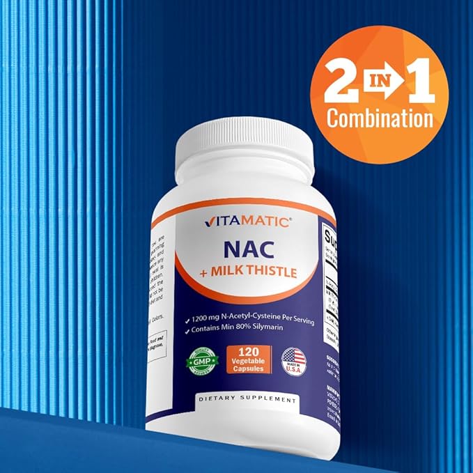 Vitamatic NAC Supplement N-Acetyl-L-Cysteine (NAC) with Milk Thistle 50:1 Extract - Supports Immune, Respiratory, Liver Health, 1200 mg per Serving, 120 Veg Capsules
