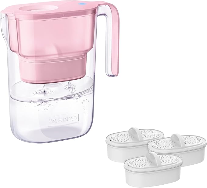 Waterdrop Water Filter Pitcher with 4 Filters, 5X Times Lifetime, Lasts 200 Gallons, for Fridge and Kitchen, Reduces PFOA/PFOS, Chlorine, 7-Cup Capacity, Elfin, Pink