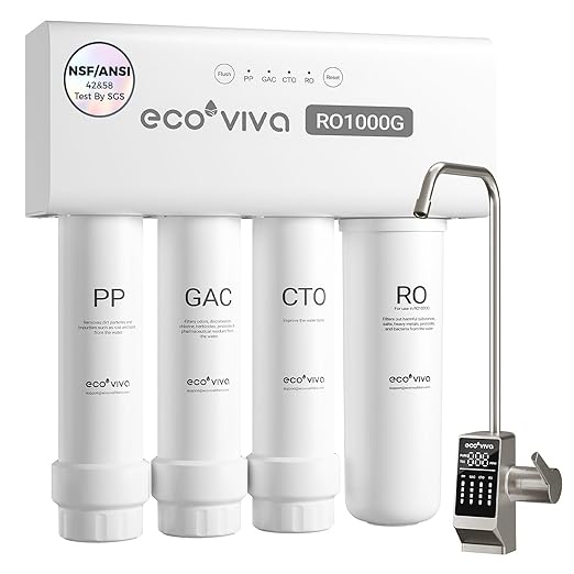 Ecoviva 1000GPD UnderSink Reverse Osmosis Water Filter RO Tankless Filtration System, Alkaline Water pH+, 8-Stage Filtration, Meet NSF/ANSI 58 Standard, 3:1 Pure-to-Drain Filter, With LED Smart Faucet
