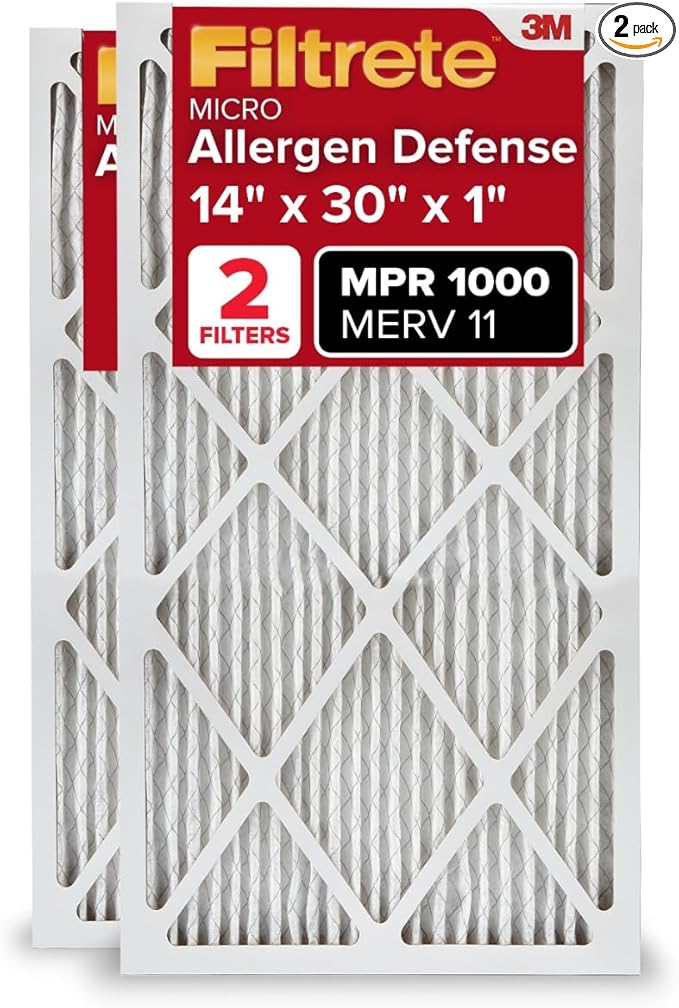 Filtrete 14x30x1 AC Furnace Air Filter, MERV 11, MPR 1000, Micro Allergen Defense, 3-Month Pleated 1-Inch Electrostatic Air Cleaning Filter, 2 Pack (Actual Size 13.81x29.81x0.81 in)