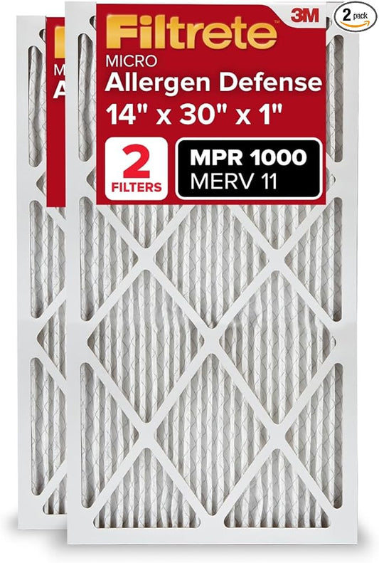 Filtrete 14x30x1 AC Furnace Air Filter, MERV 11, MPR 1000, Micro Allergen Defense, 3-Month Pleated 1-Inch Electrostatic Air Cleaning Filter, 2 Pack (Actual Size 13.81x29.81x0.81 in)