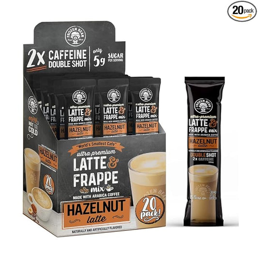 The Frozen Bean - Hazelnut Frappe & Latte Instant Mix with Arabica Coffee, Double Caffiene, Low Sugar - for Hot, Iced, or Frappuccino-Style Blended Drinks - (20) 0.53oz Single Serve Sticks