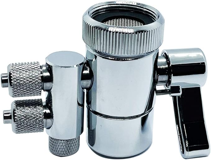 Kitchen Sink Faucet Water Filter Dual Diverter Valve for Push on 1/4 inch Tubing Replacement Part Adapter with M22 X M24 Connector, Brass Body, Chrome Plated Made In Taiwan