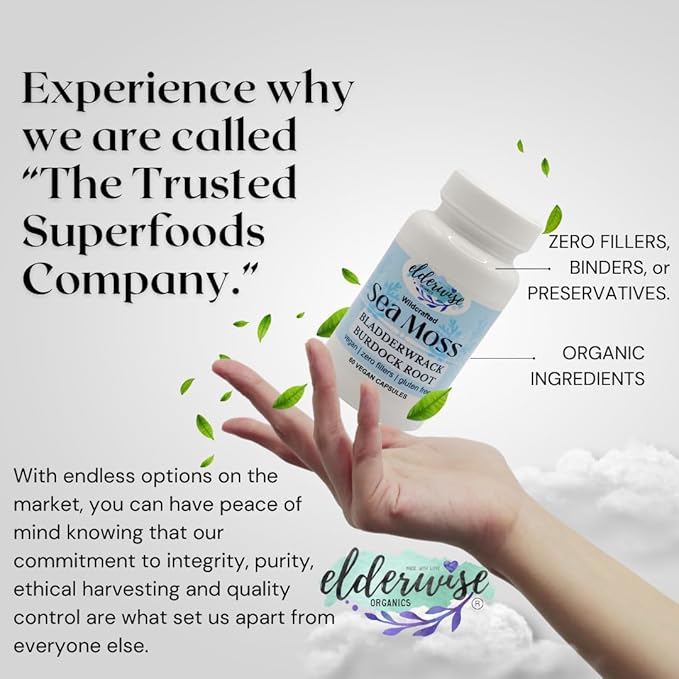 Elderwise Organics Sea Moss Capsules - Sea Moss with Burdockroot & Bladderwrack - Superfood Supplement with Raw Sea Moss - 60 Vegan Capsules - 30 Day Supply - Dosage 2 a Day - 1400 mg