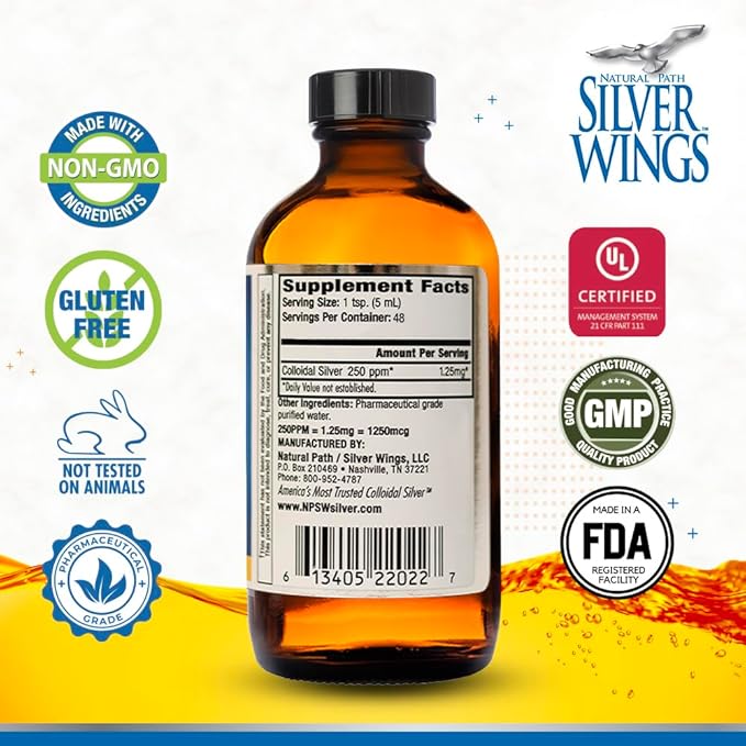 Natural Path Silver Wings Colloidal Silver Liquid - Enhanced Immune Support Supplement - 250ppm (1250mcg) - 8oz