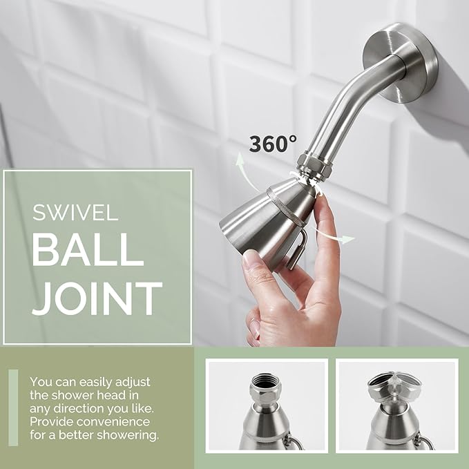 Angle Simple Shower Head, Brass High Flow Shower Sprayer Head, Adjustable Angle and Water Flow, G 1/2, Brushed Nickel