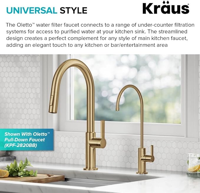 KRAUS Oletto Single Handle Drinking Water Filter Faucet for Reverse Osmosis or Water Filtration System in Brushed Brass, FF-103BB