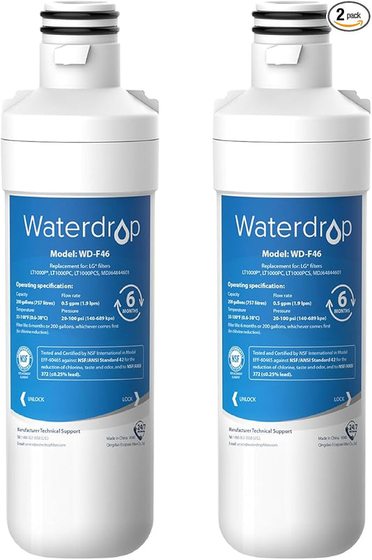 Waterdrop LT1000PC ADQ747935 MDJ64844601 Refrigerator Water Filter, Replacement for LG® LT1000P®, ADQ74793501, ADQ74793502, Kenmore 46-9980, 9980, Pack of 2