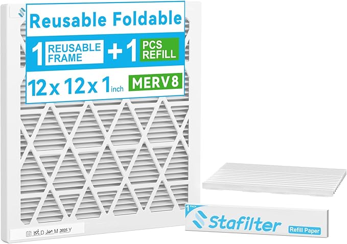 12x12x1 Air Filter, MERV 8,1 ABS Plastic Frame with 1 Pack Refill, Foldable HVAC AC Furnace Air Filters (Pack of 1) (Actual Size:11.75"x11.75"x0.75")