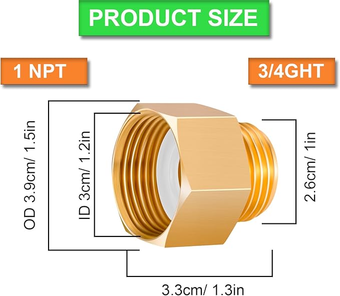 2PCS 3/4" GHT Male x 1" NPT Female Garden Hose Adapters, Brass Garden Hose Repair Fittings, Water Hose Connector