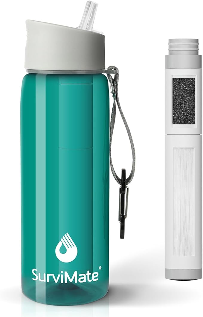 Survimate 5-Stage 0.01μm Ultra-Filtration Filtered Water Bottle, BPA-Free Material, NSF/ANSI 42&372 Certified, Portable Water Filter Bottle for Survival, Camping, Hiking, and Emergency Use