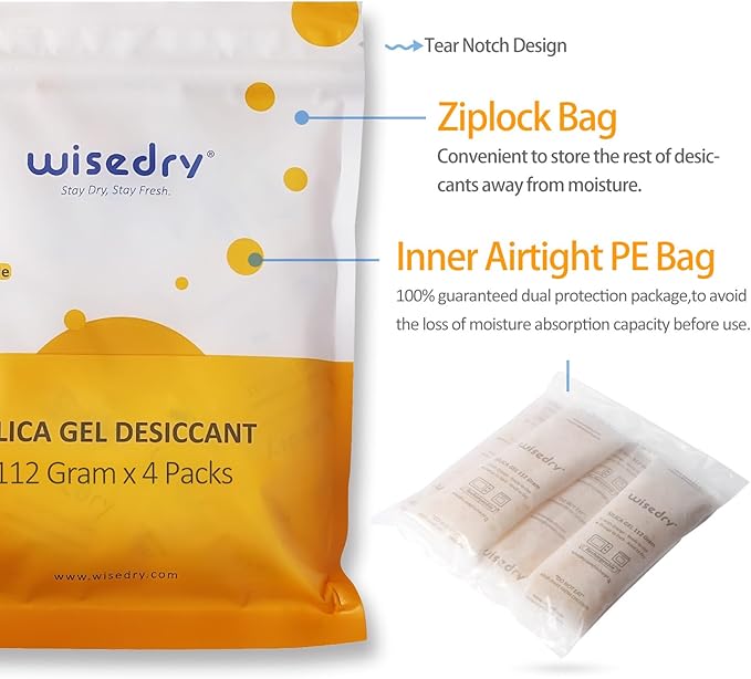 wisedry 112 Gram [4 Packs] Silica Gel Desiccant Packs for Larger Container Desiccant Bags with Orange Indicating Beads for 3D Printer Filament Gun Safe Camera Electronics Equipment Food Grade
