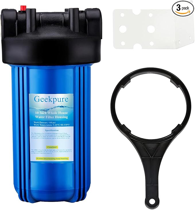 Geekpure 10-Inch Whole House Water Filter Housing 4.5"x10"1-Inch Outlet/Inlet with Wrench and Bracket-Blue Color (3)
